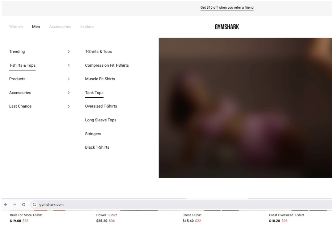 Gymshark main navigation menu showing Tank Tops under T-shirts and Tops