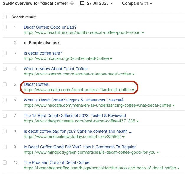 ahrefs results for decaf coffee