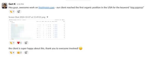 Sharing wins with our team on Slack – our client got to #1 in the USA for a massive keyword.